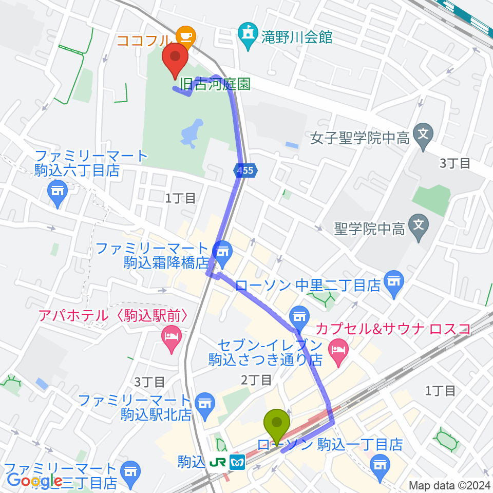 駒込駅から旧古河邸 大谷美術館へのルートマップ地図