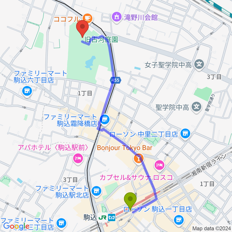 駒込駅から旧古河邸 大谷美術館へのルートマップ地図