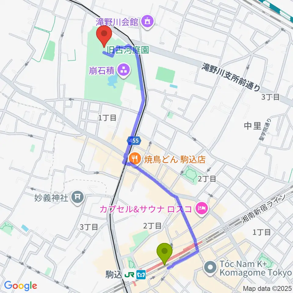 駒込駅から旧古河邸 大谷美術館へのルートマップ地図