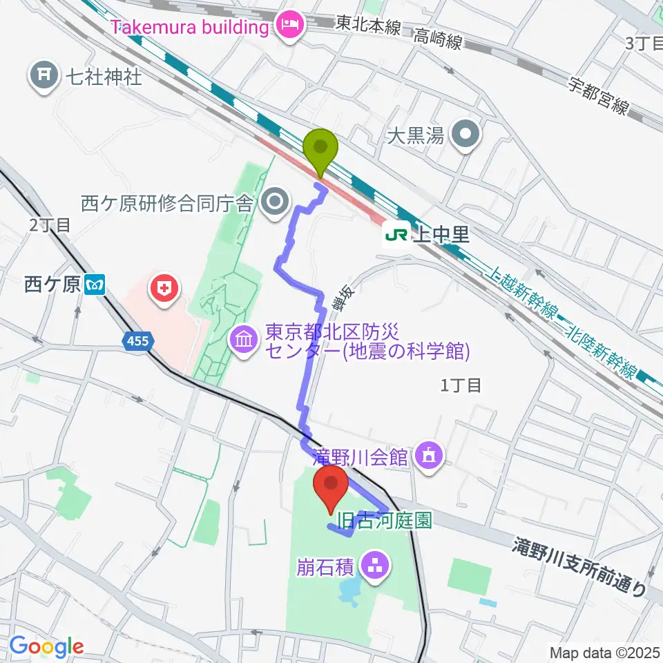 上中里駅から旧古河邸 大谷美術館へのルートマップ地図