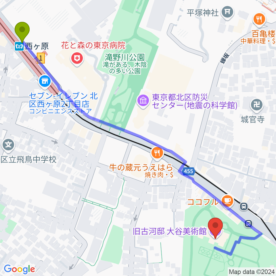 旧古河邸 大谷美術館の最寄駅西ケ原駅からの徒歩ルート（約8分）地図