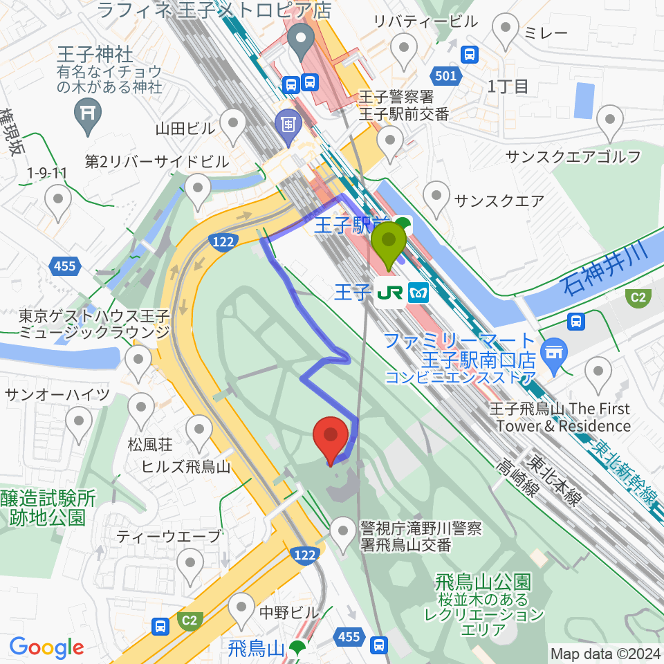 王子駅から飛鳥山公園野外ステージへのルートマップ地図