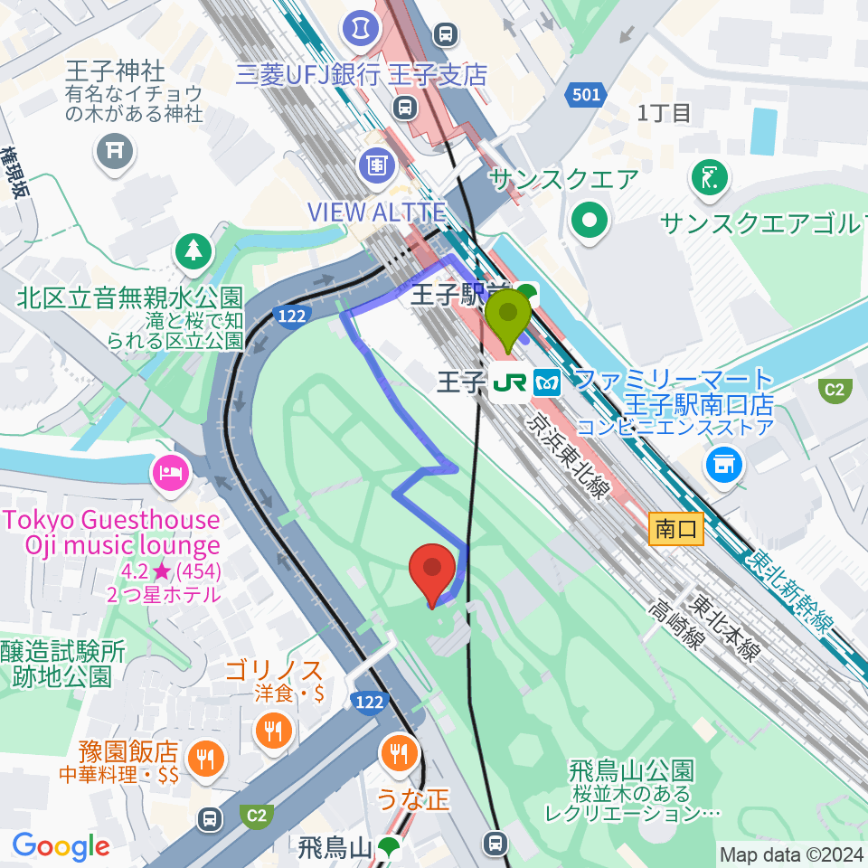 王子駅から飛鳥山公園野外ステージへのルートマップ地図