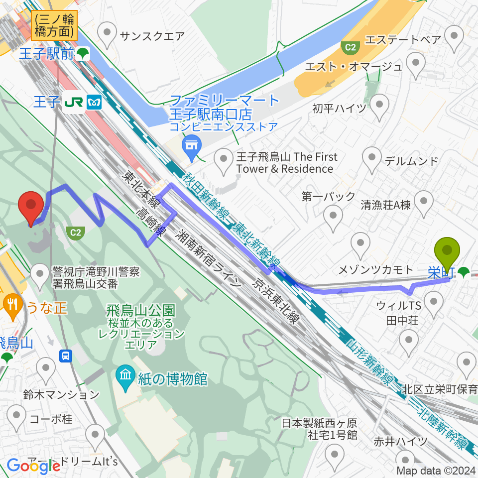 栄町駅から飛鳥山公園野外ステージへのルートマップ地図
