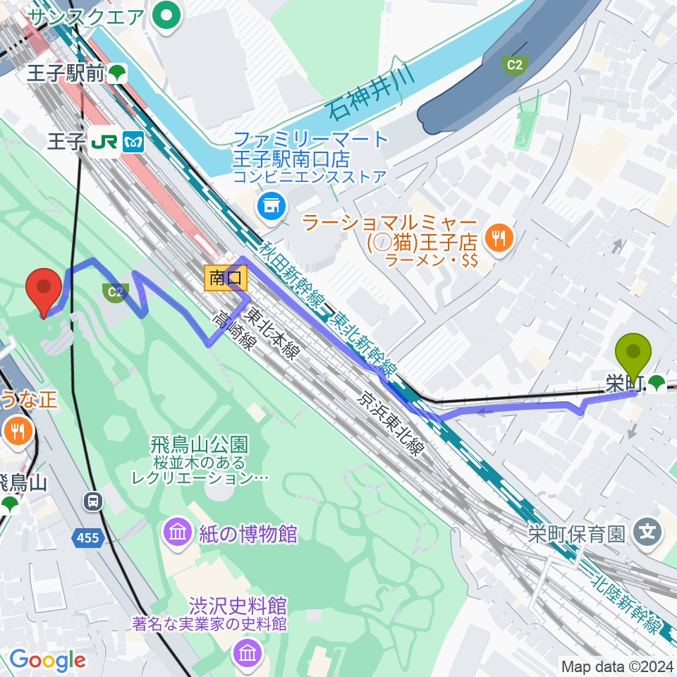 栄町駅から飛鳥山公園野外ステージへのルートマップ地図