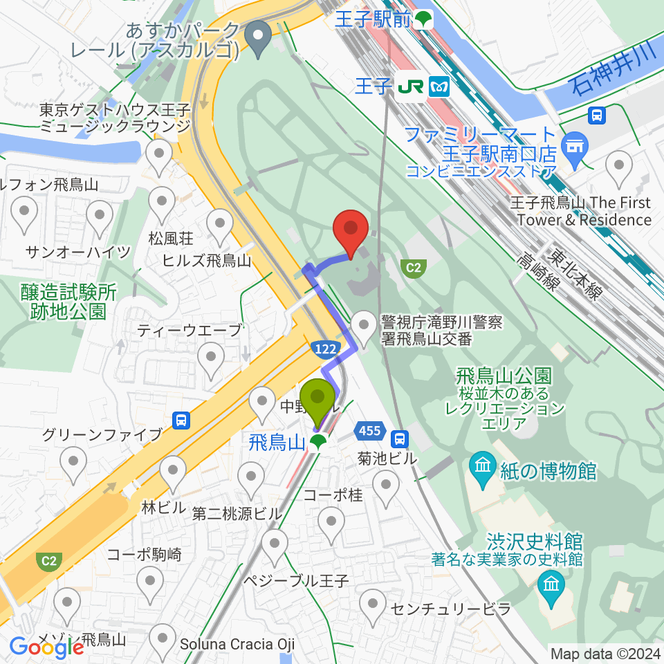 飛鳥山公園野外ステージの最寄駅飛鳥山駅からの徒歩ルート（約2分）地図