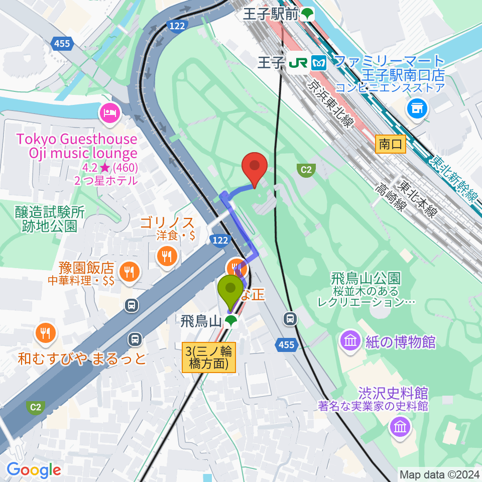 飛鳥山公園野外ステージの最寄駅飛鳥山駅からの徒歩ルート（約2分）地図