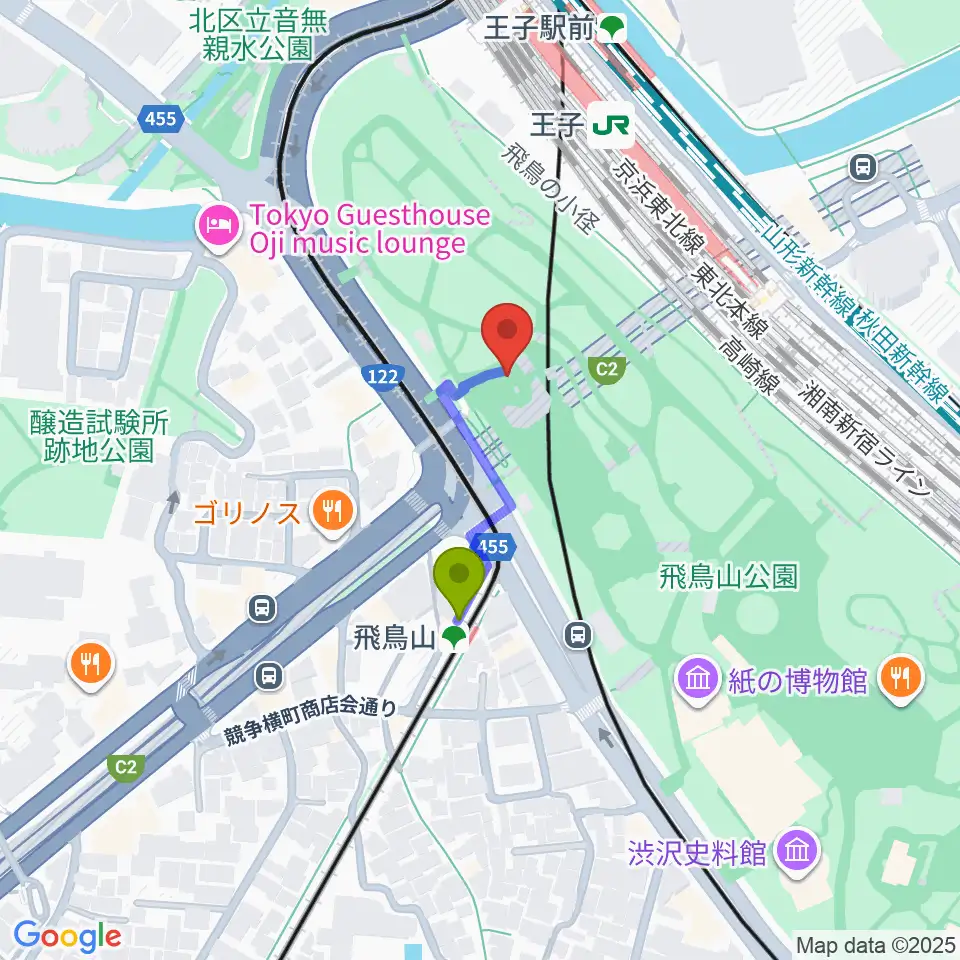 飛鳥山公園野外ステージの最寄駅飛鳥山駅からの徒歩ルート（約2分）地図