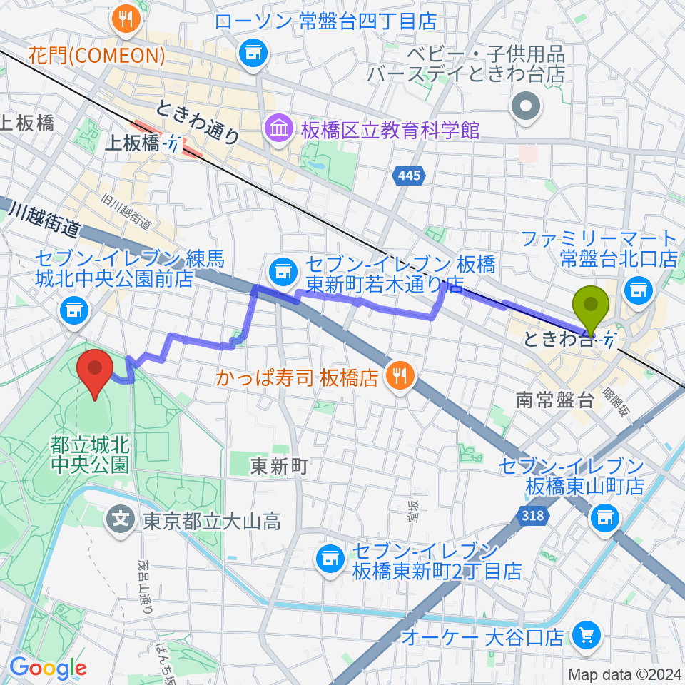 ときわ台駅から城北中央公園野球場へのルートマップ地図