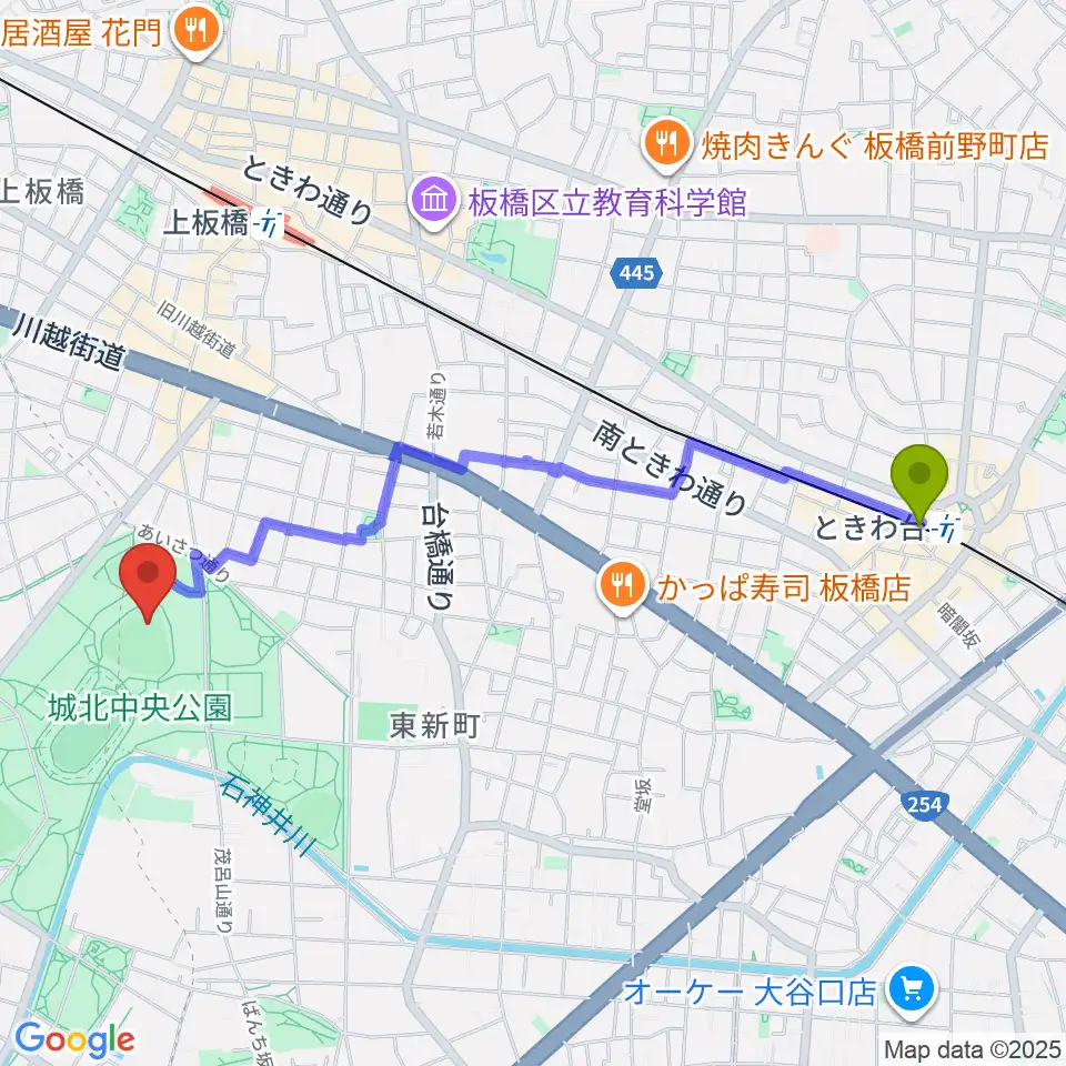 ときわ台駅から城北中央公園野球場へのルートマップ地図