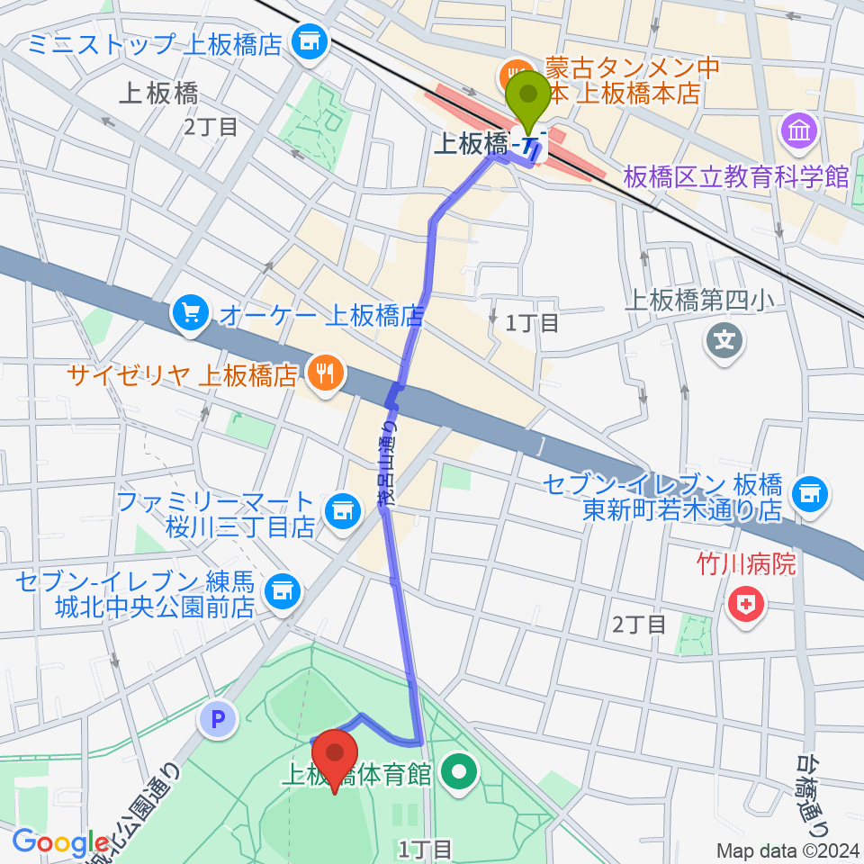 城北中央公園野球場の最寄駅上板橋駅からの徒歩ルート（約12分）地図