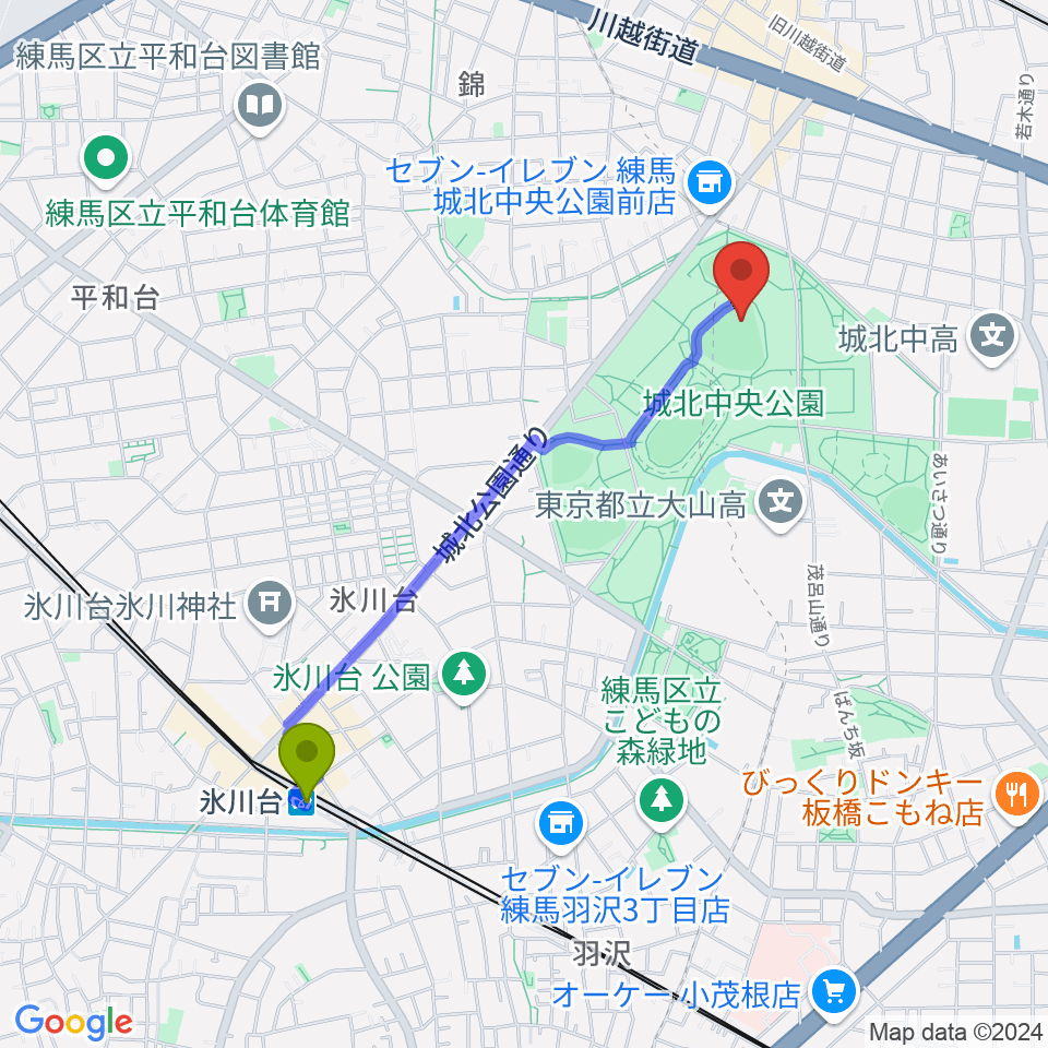 氷川台駅から城北中央公園野球場へのルートマップ地図