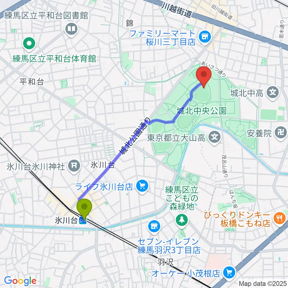 氷川台駅から城北中央公園野球場へのルートマップ地図