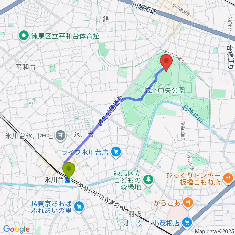 氷川台駅から城北中央公園野球場へのルートマップ地図