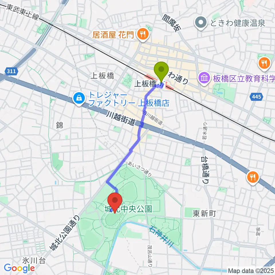 城北中央公園陸上競技場の最寄駅上板橋駅からの徒歩ルート（約16分）地図