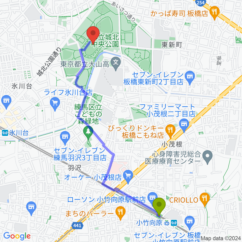 小竹向原駅から城北中央公園陸上競技場へのルートマップ地図