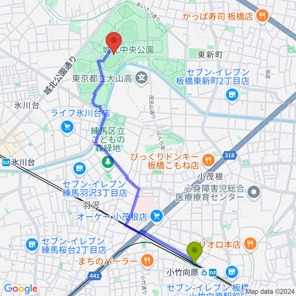 小竹向原駅から城北中央公園陸上競技場へのルートマップ地図