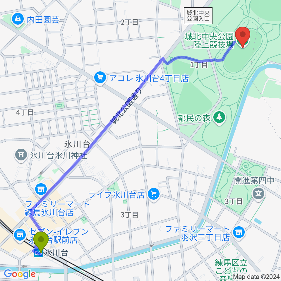 氷川台駅から城北中央公園陸上競技場へのルートマップ地図