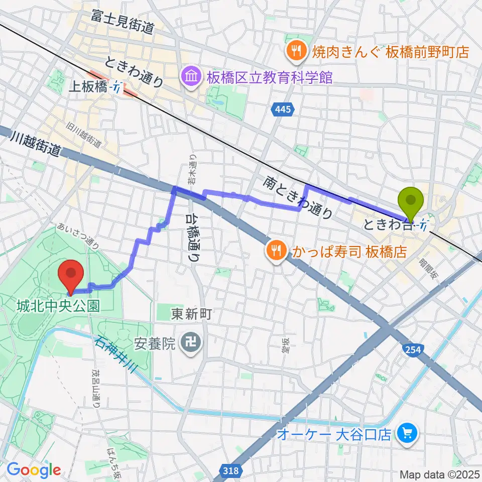 ときわ台駅から城北中央公園多目的広場へのルートマップ地図