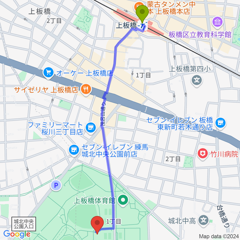 城北中央公園多目的広場の最寄駅上板橋駅からの徒歩ルート（約14分）地図