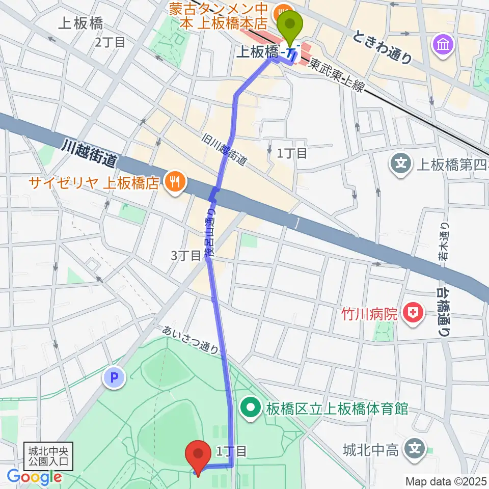 城北中央公園多目的広場の最寄駅上板橋駅からの徒歩ルート（約14分）地図