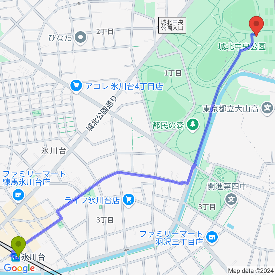 氷川台駅から城北中央公園多目的広場へのルートマップ地図