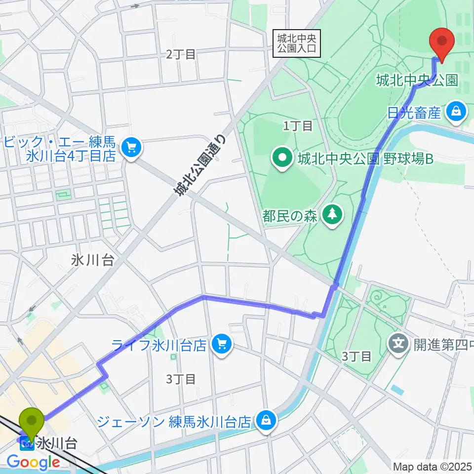 氷川台駅から城北中央公園多目的広場へのルートマップ地図