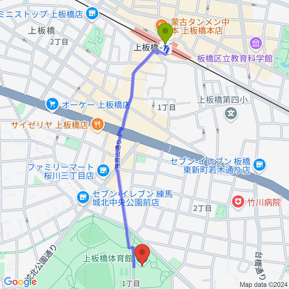 上板橋体育館の最寄駅上板橋駅からの徒歩ルート（約12分）地図