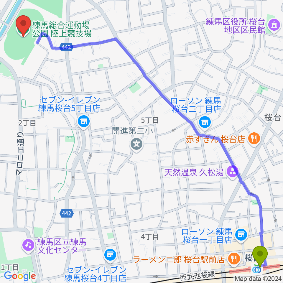 桜台駅から練馬総合運動場公園陸上競技場へのルートマップ地図