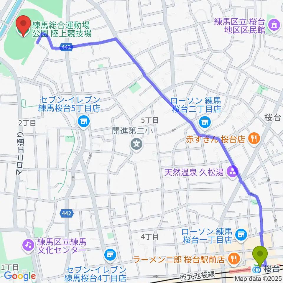 桜台駅から練馬総合運動場公園陸上競技場へのルートマップ地図