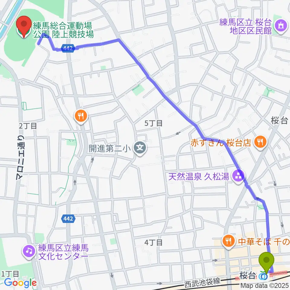 桜台駅から練馬総合運動場公園陸上競技場へのルートマップ地図