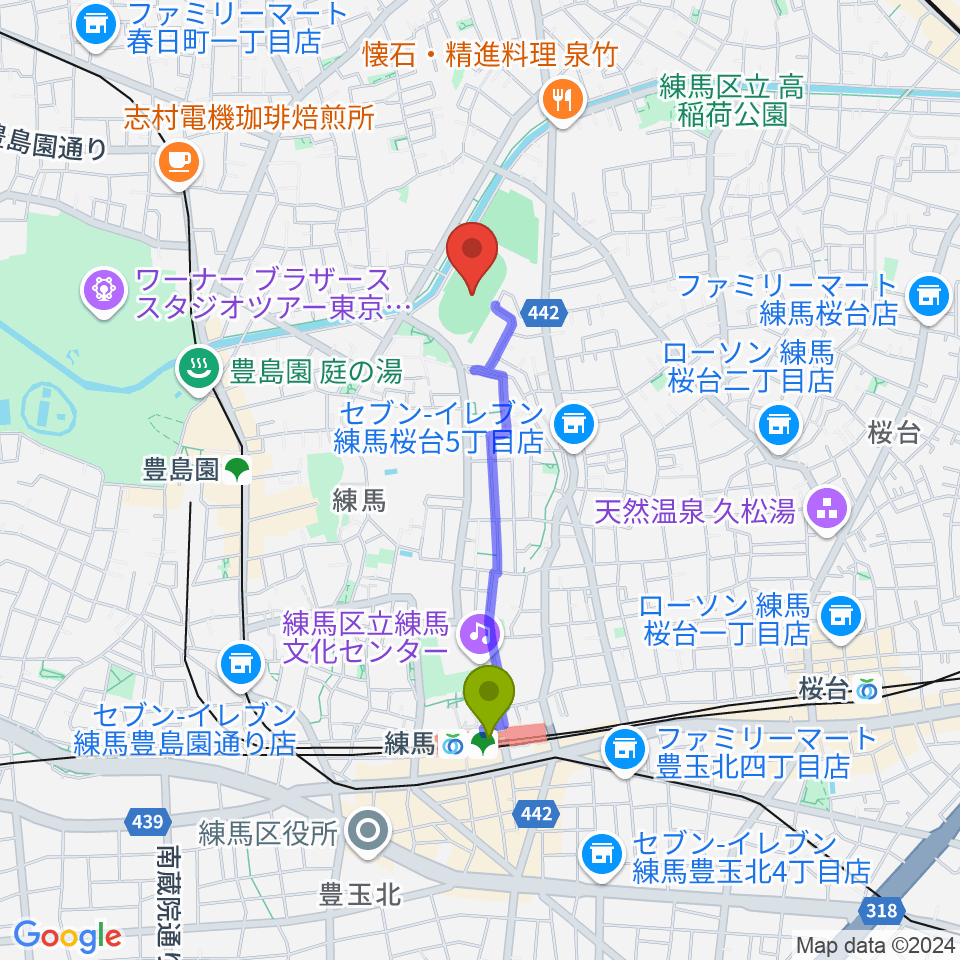 練馬駅から練馬総合運動場公園陸上競技場へのルートマップ地図