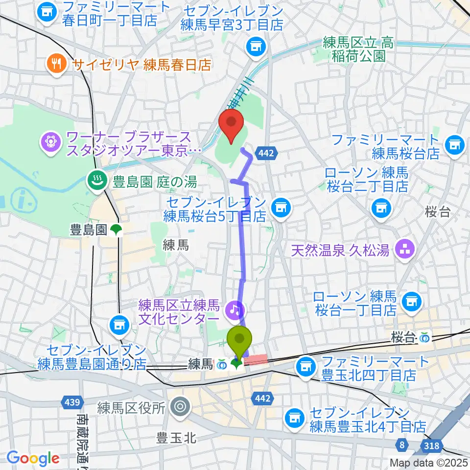 練馬駅から練馬総合運動場公園陸上競技場へのルートマップ地図