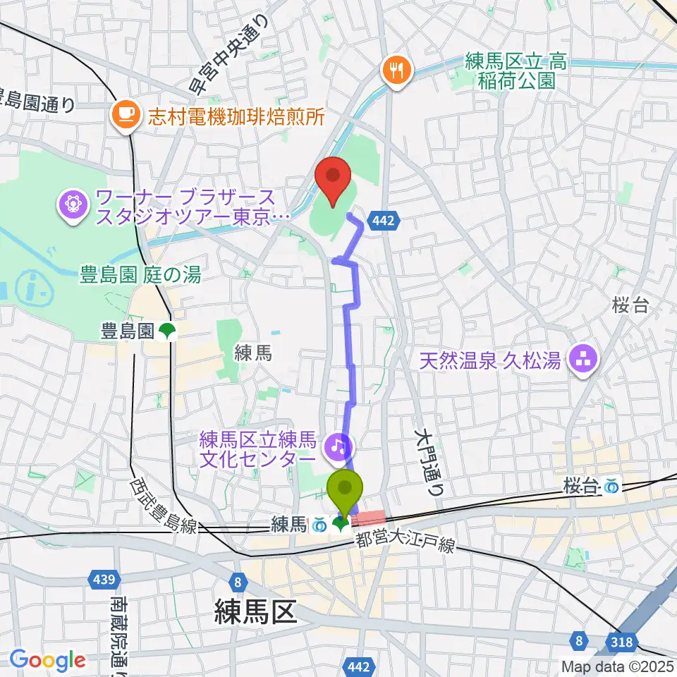 練馬駅から練馬総合運動場公園陸上競技場へのルートマップ地図