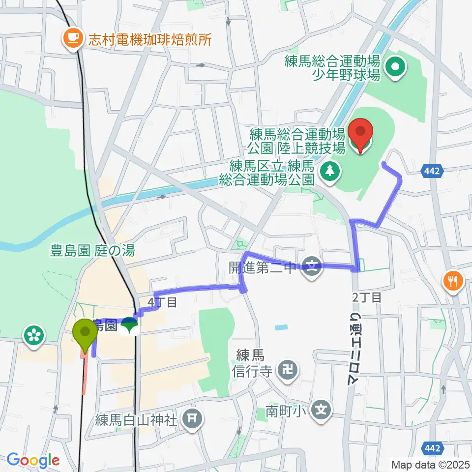 練馬総合運動場公園陸上競技場の最寄駅豊島園駅からの徒歩ルート（約11分）地図