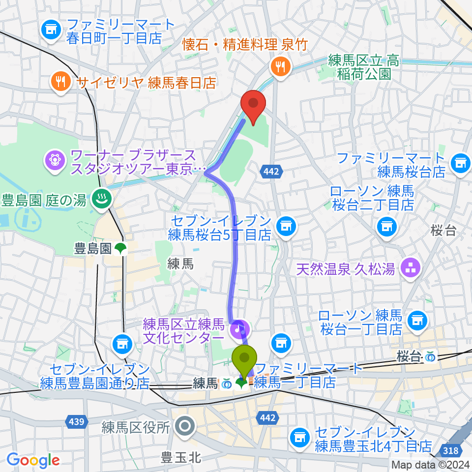 練馬駅から練馬総合運動場少年野球場へのルートマップ地図