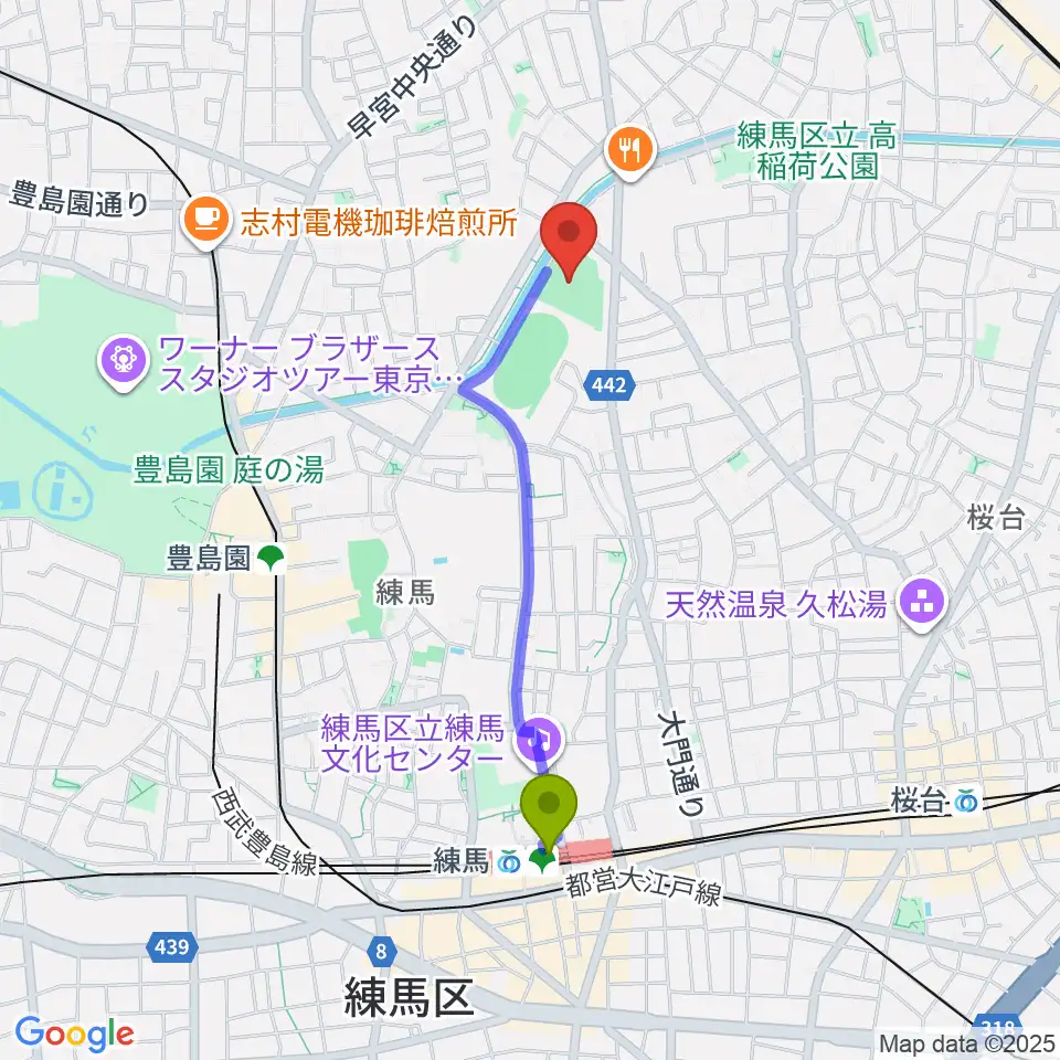 練馬駅から練馬総合運動場少年野球場へのルートマップ地図