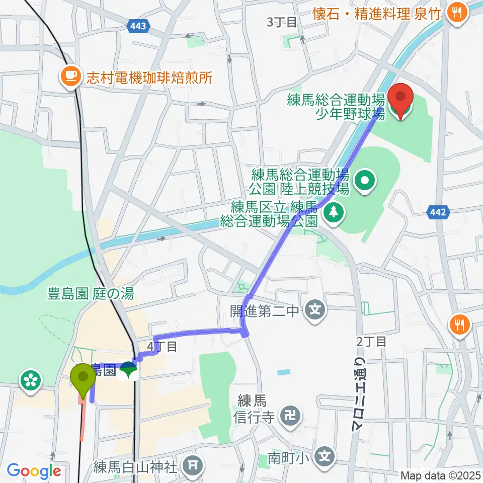 練馬総合運動場少年野球場の最寄駅豊島園駅からの徒歩ルート（約14分）地図