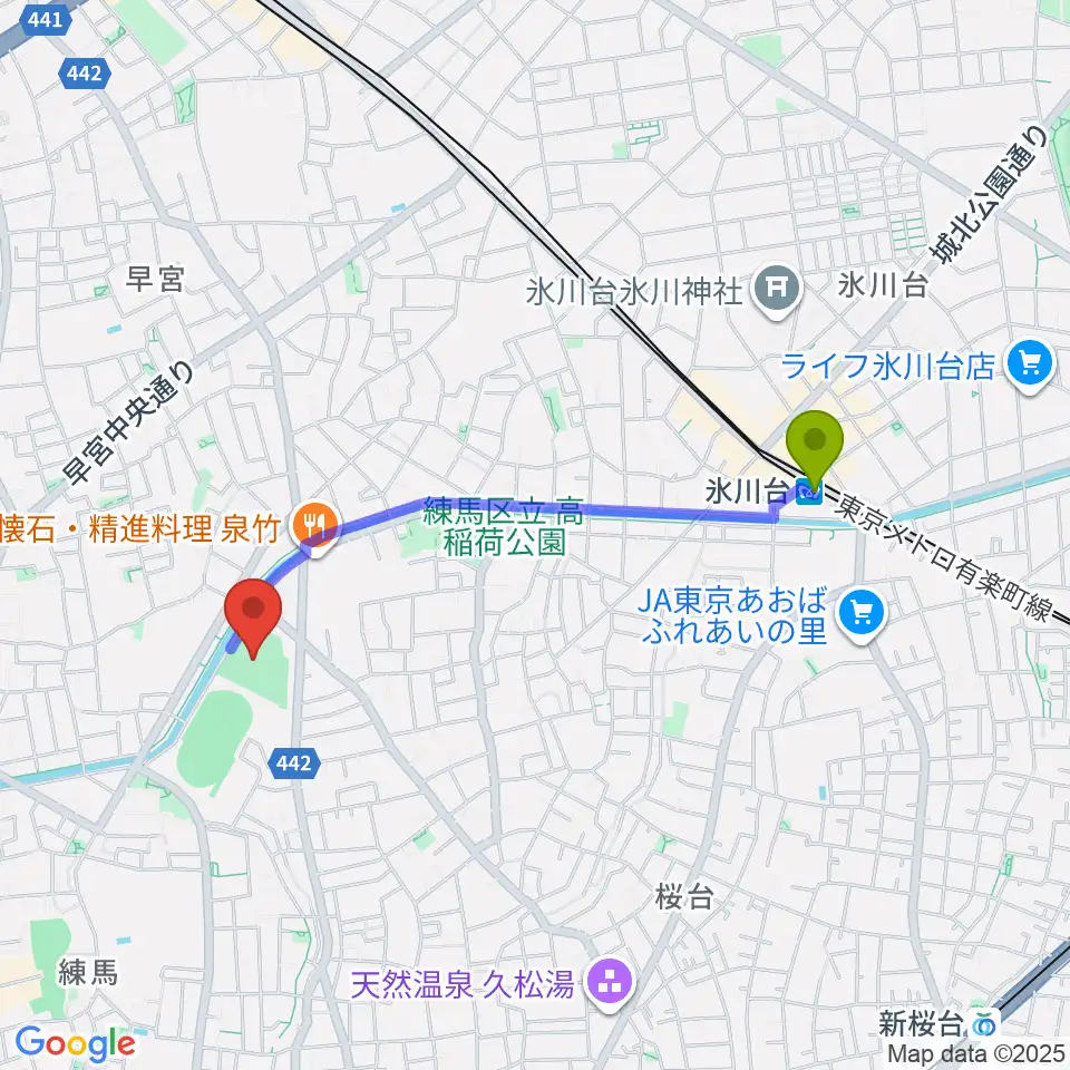 氷川台駅から練馬総合運動場少年野球場へのルートマップ地図