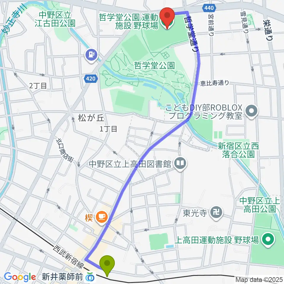 新井薬師前駅から哲学堂公園野球場へのルートマップ地図