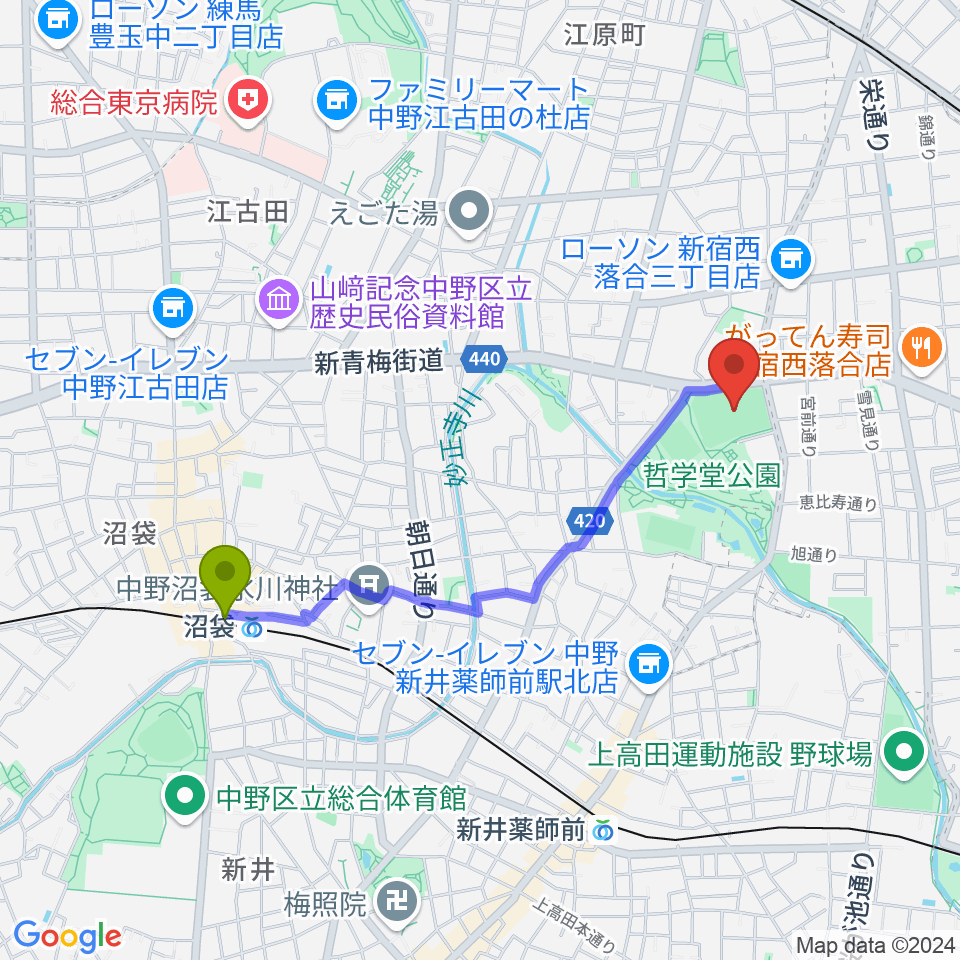 沼袋駅から哲学堂公園野球場へのルートマップ地図