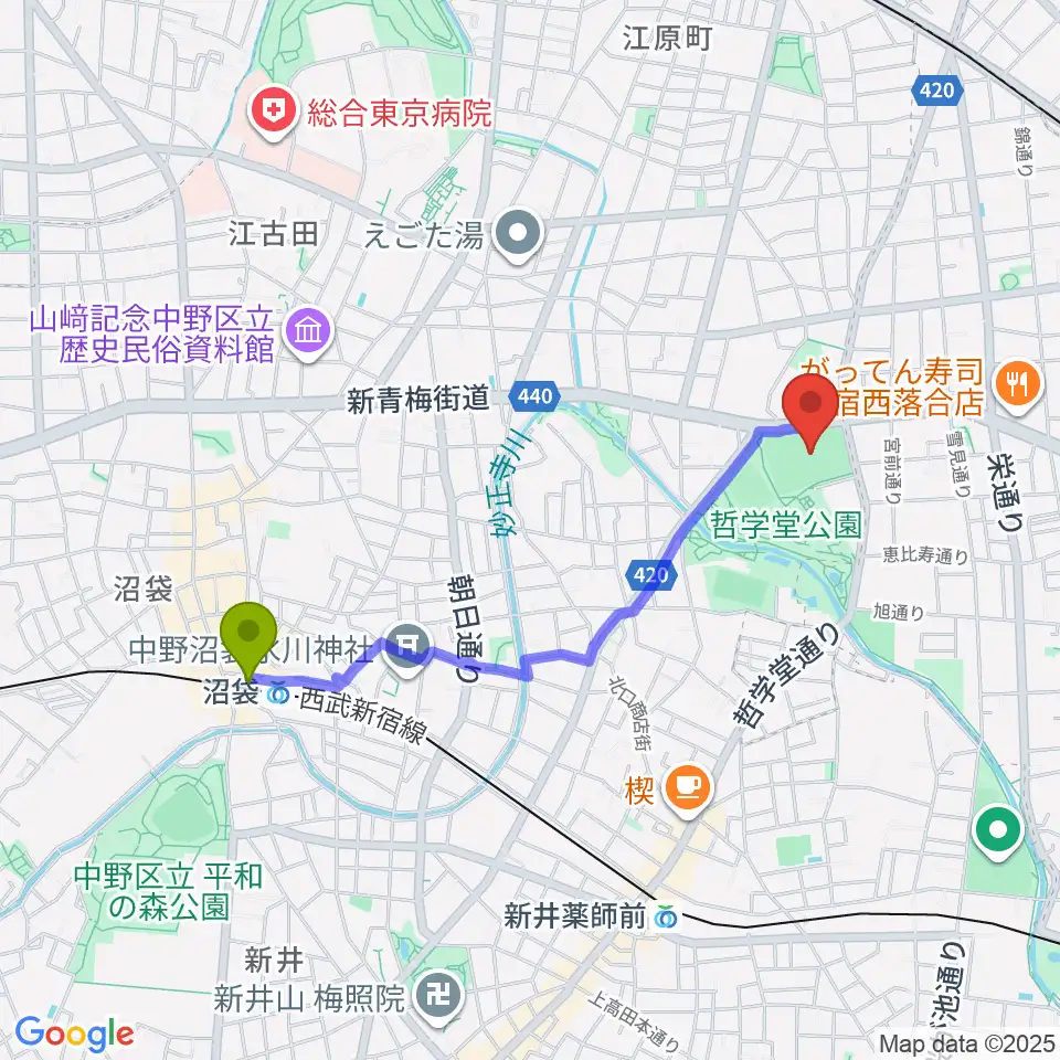 沼袋駅から哲学堂公園野球場へのルートマップ地図
