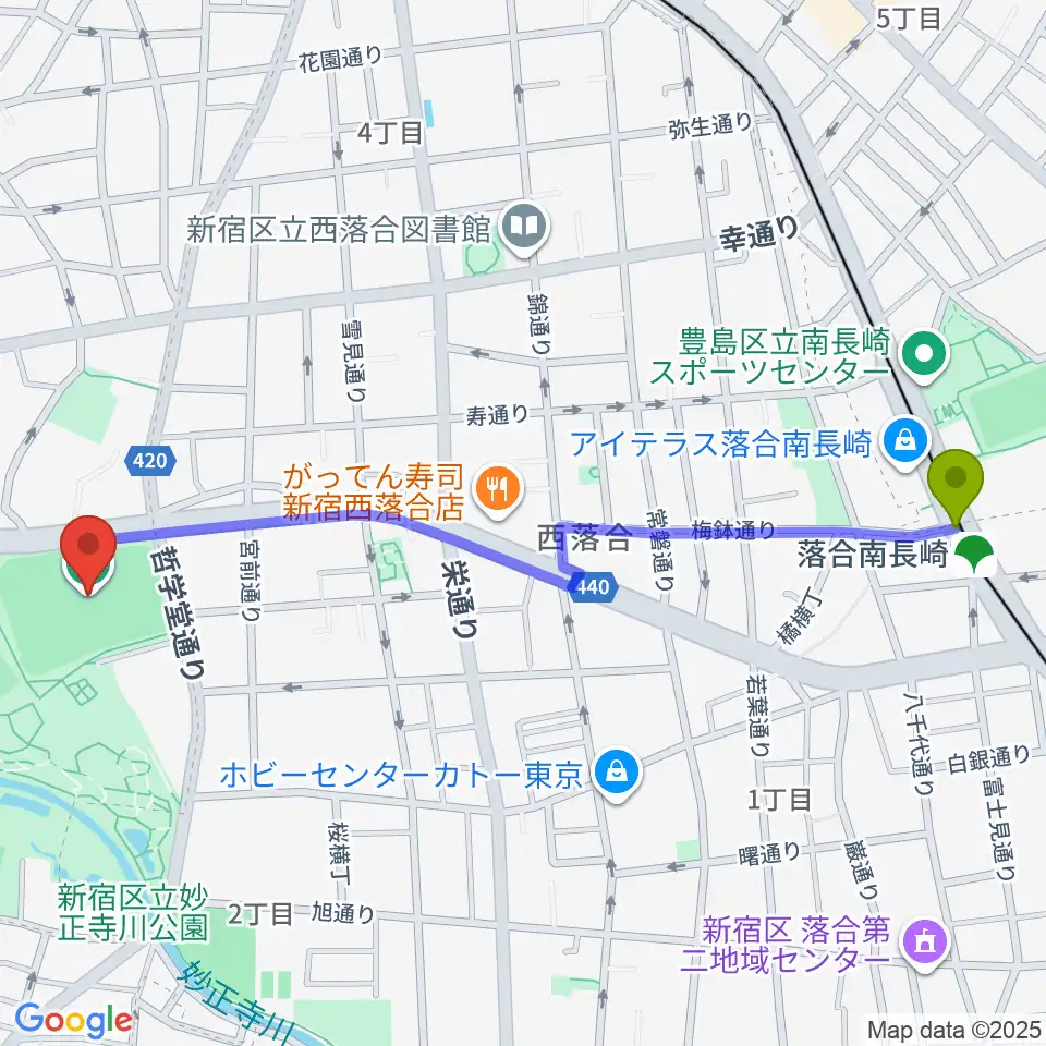 哲学堂公園野球場の最寄駅落合南長崎駅からの徒歩ルート（約13分）地図