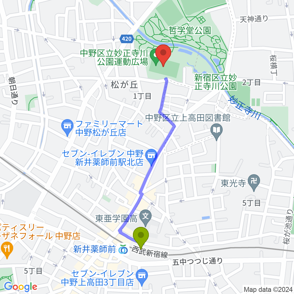 妙正寺川公園運動広場の最寄駅新井薬師前駅からの徒歩ルート（約10分）地図