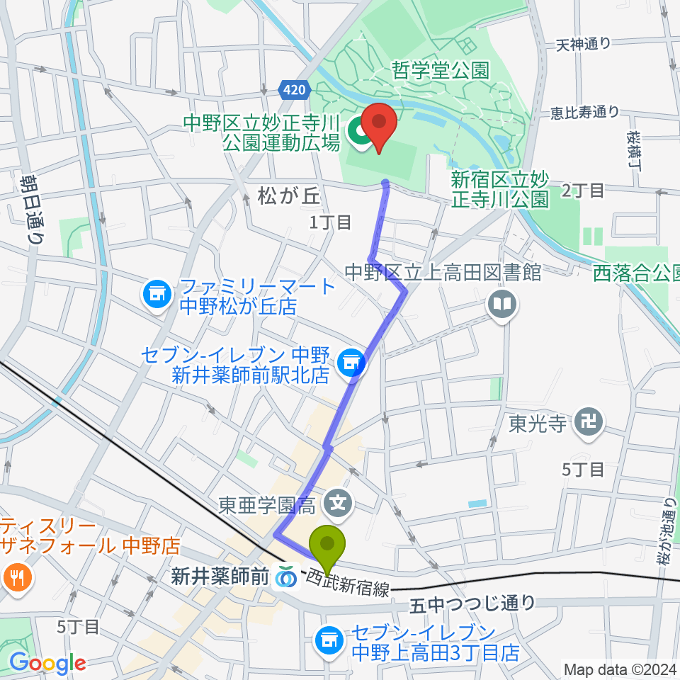 妙正寺川公園運動広場の最寄駅新井薬師前駅からの徒歩ルート（約10分）地図