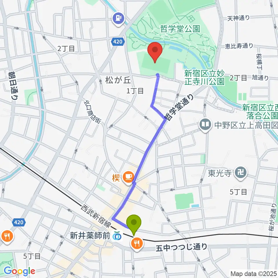 妙正寺川公園運動広場の最寄駅新井薬師前駅からの徒歩ルート（約10分）地図
