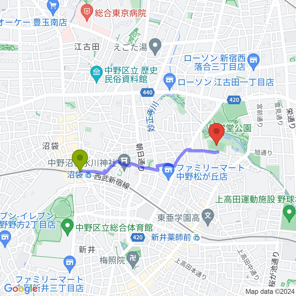 沼袋駅から妙正寺川公園運動広場へのルートマップ地図