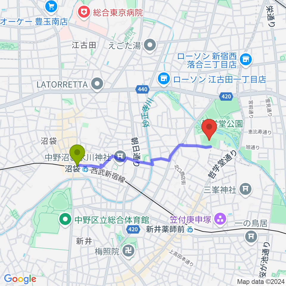 沼袋駅から妙正寺川公園運動広場へのルートマップ地図