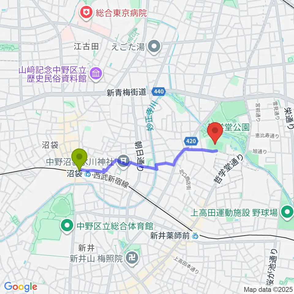 沼袋駅から妙正寺川公園運動広場へのルートマップ地図