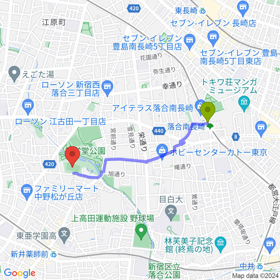 落合南長崎駅から妙正寺川公園運動広場へのルートマップ地図
